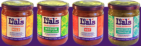 Four Leal's salsa jars